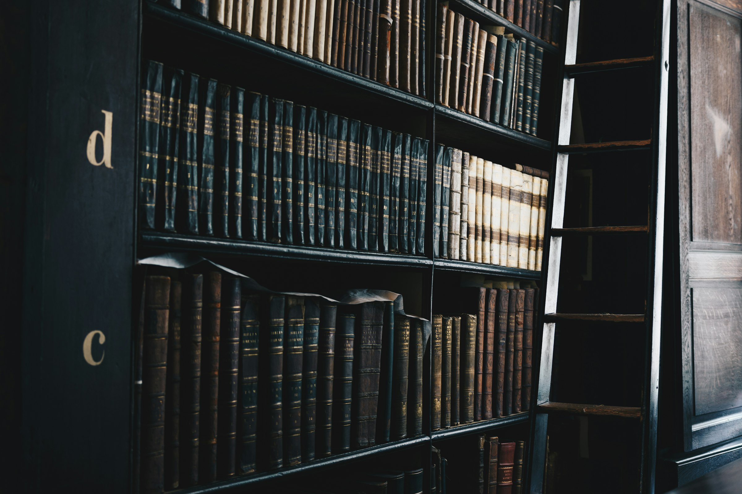 Dark library shelves of old leather-bound volumes with a sliding ladder